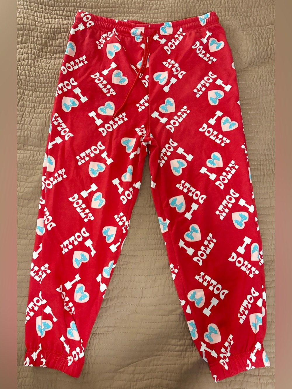 Red 'I ♥ Dolly' Sweat Pants with Blue Heart Accents NWOT